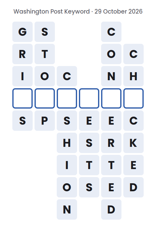 Unsolved Washington Post Keyword board for 29 October 2026, with six words running down and one empty square in each