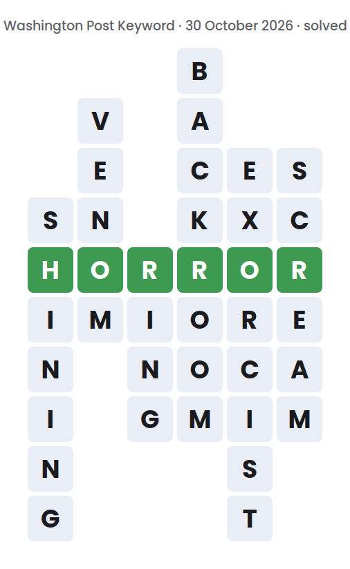 Solved Washington Post Keyword board for 30 October 2026, showing the keyword HORROR and the six words running down: SHINING, VENOM, RING, BACKROOM, EXORCIST and SCREAM