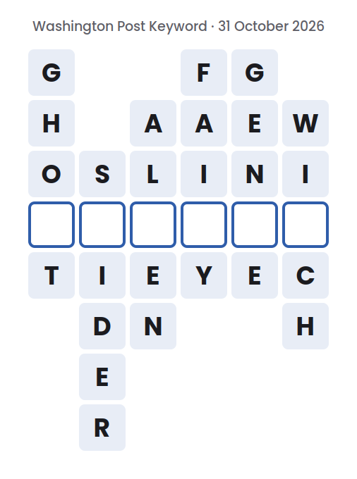 Unsolved Washington Post Keyword board for 31 October 2026, with six words running down and one empty square in each