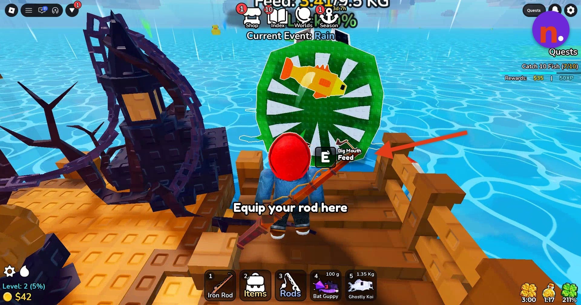 Use the Feed interaction to give Big Mouth your held fish