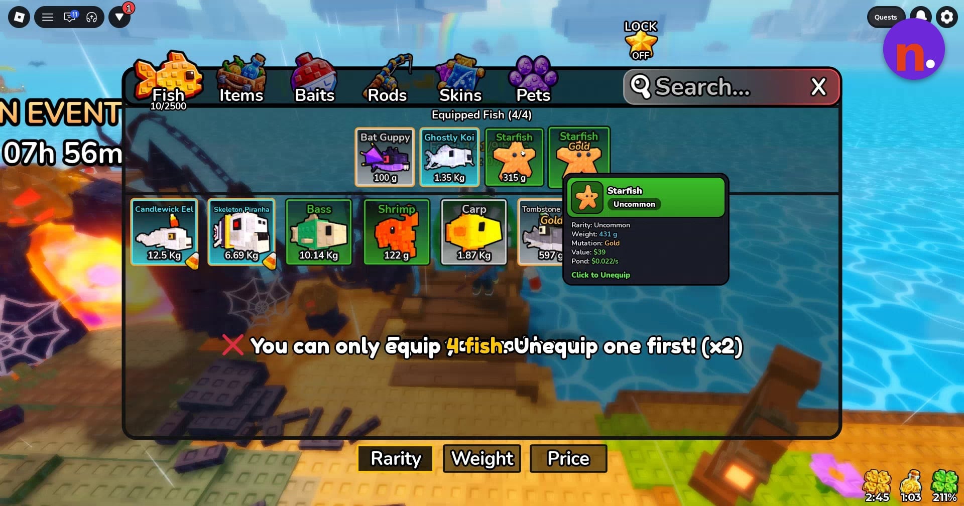 Equip another fish from the Fish inventory