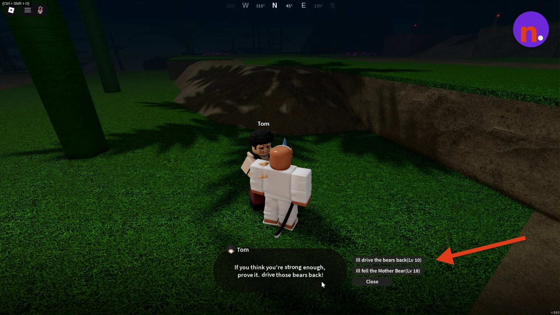 Tom’s dialogue offers the bear-hunting quest