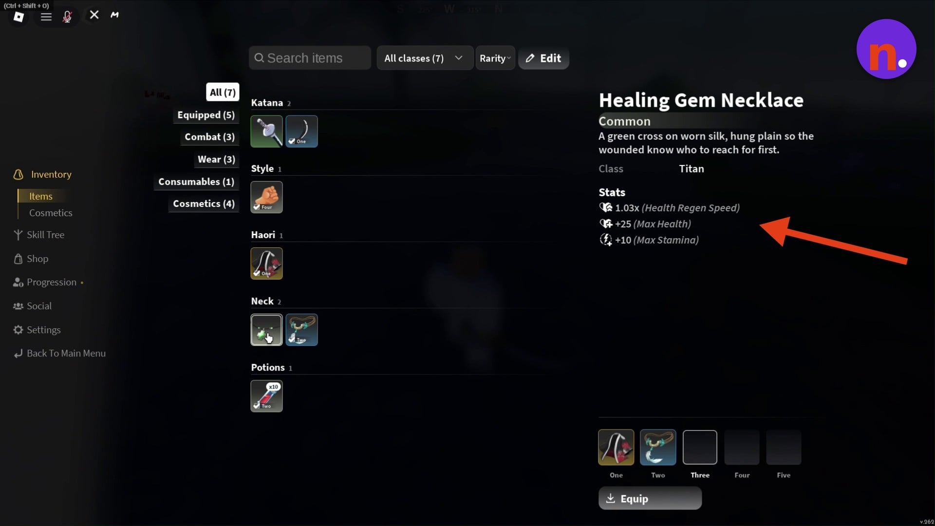 Healing Gem Necklace properties and bonuses
