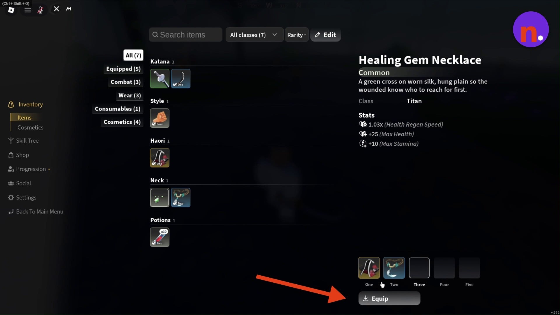 Equip the Healing Gem Necklace from Inventory