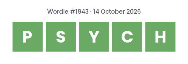 Solved Wordle row for puzzle #1943 on 14 October 2026, with the answer PSYCH.