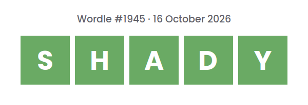 Solved Wordle row for puzzle #1945 on 16 October 2026, with the answer SHADY.