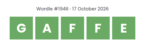 Solved Wordle row for puzzle #1946 on 17 October 2026, with the answer GAFFE.