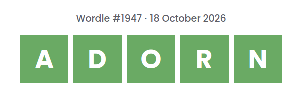 Solved Wordle row for puzzle #1947 on 18 October 2026, with the answer ADORN.