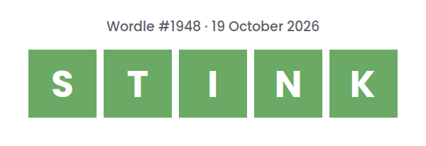 Solved Wordle row for puzzle #1948 on 19 October 2026, with the answer STINK.
