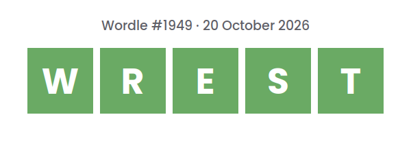 Solved Wordle row for puzzle #1949 on 20 October 2026, with the answer WREST.