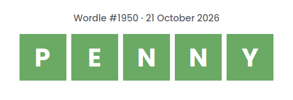 Solved Wordle row for puzzle #1950 on 21 October 2026, with the answer PENNY.