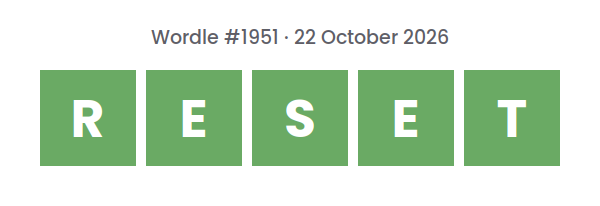 Solved Wordle row for puzzle #1951 on 22 October 2026, with the answer RESET.