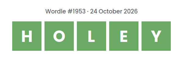 Solved Wordle row for puzzle #1953 on 24 October 2026, with the answer HOLEY.