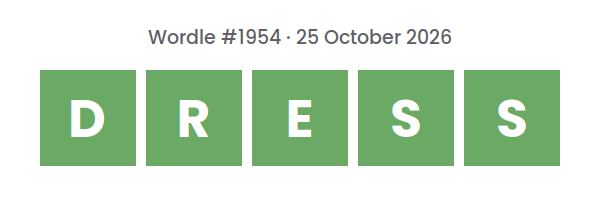 Solved Wordle row for puzzle #1954 on 25 October 2026, with the answer DRESS.