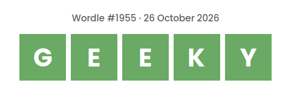Solved Wordle row for puzzle #1955 on 26 October 2026, with the answer GEEKY.