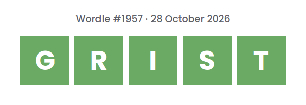 Solved Wordle row for puzzle #1957 on 28 October 2026, with the answer GRIST.