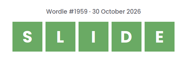 Solved Wordle row for puzzle #1959 on 30 October 2026, with the answer SLIDE.