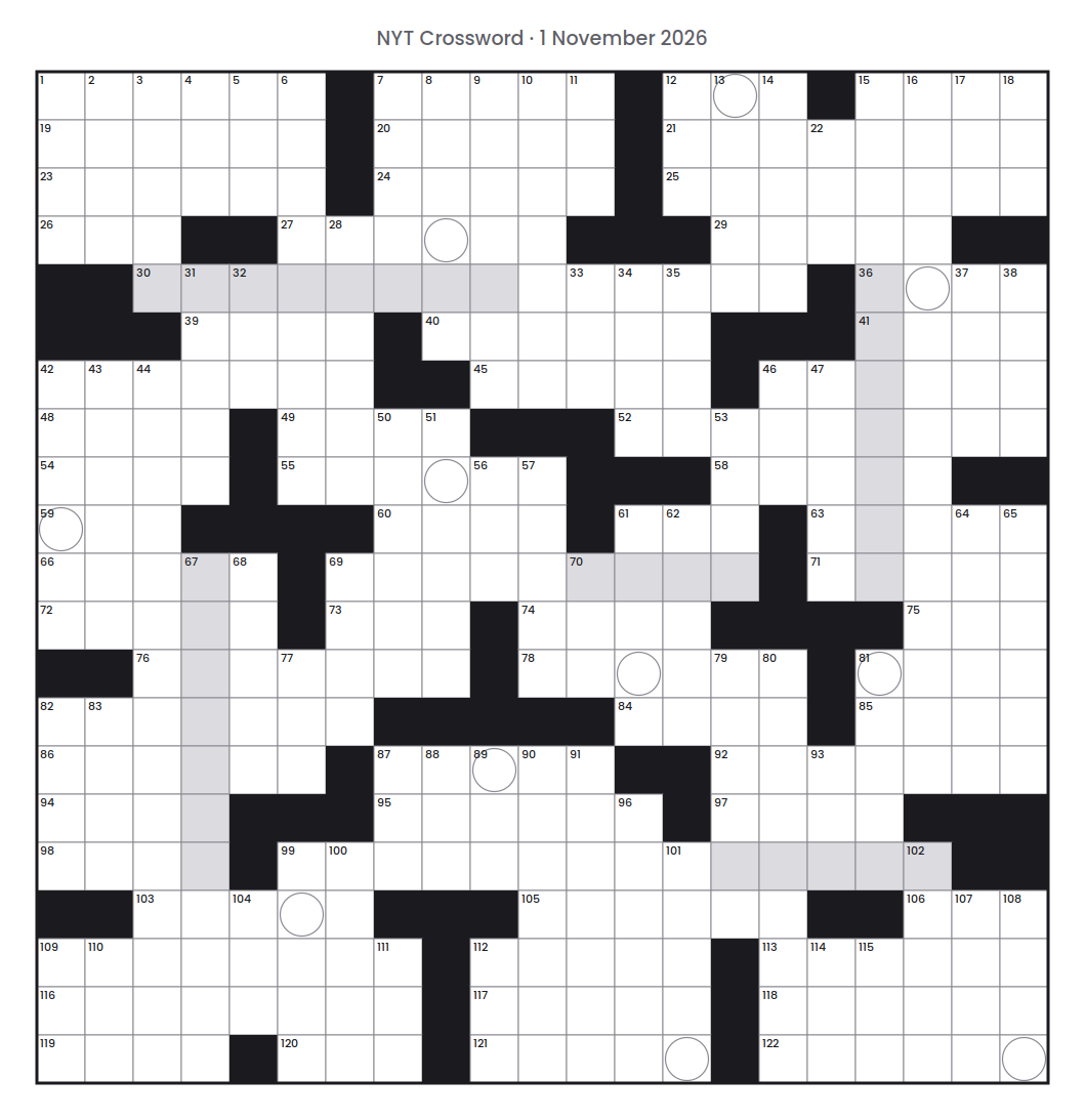 Empty NYT Crossword puzzle grid for 1 November 2026, 21 squares wide and 21 squares high, with answer numbers in their squares and no letters.