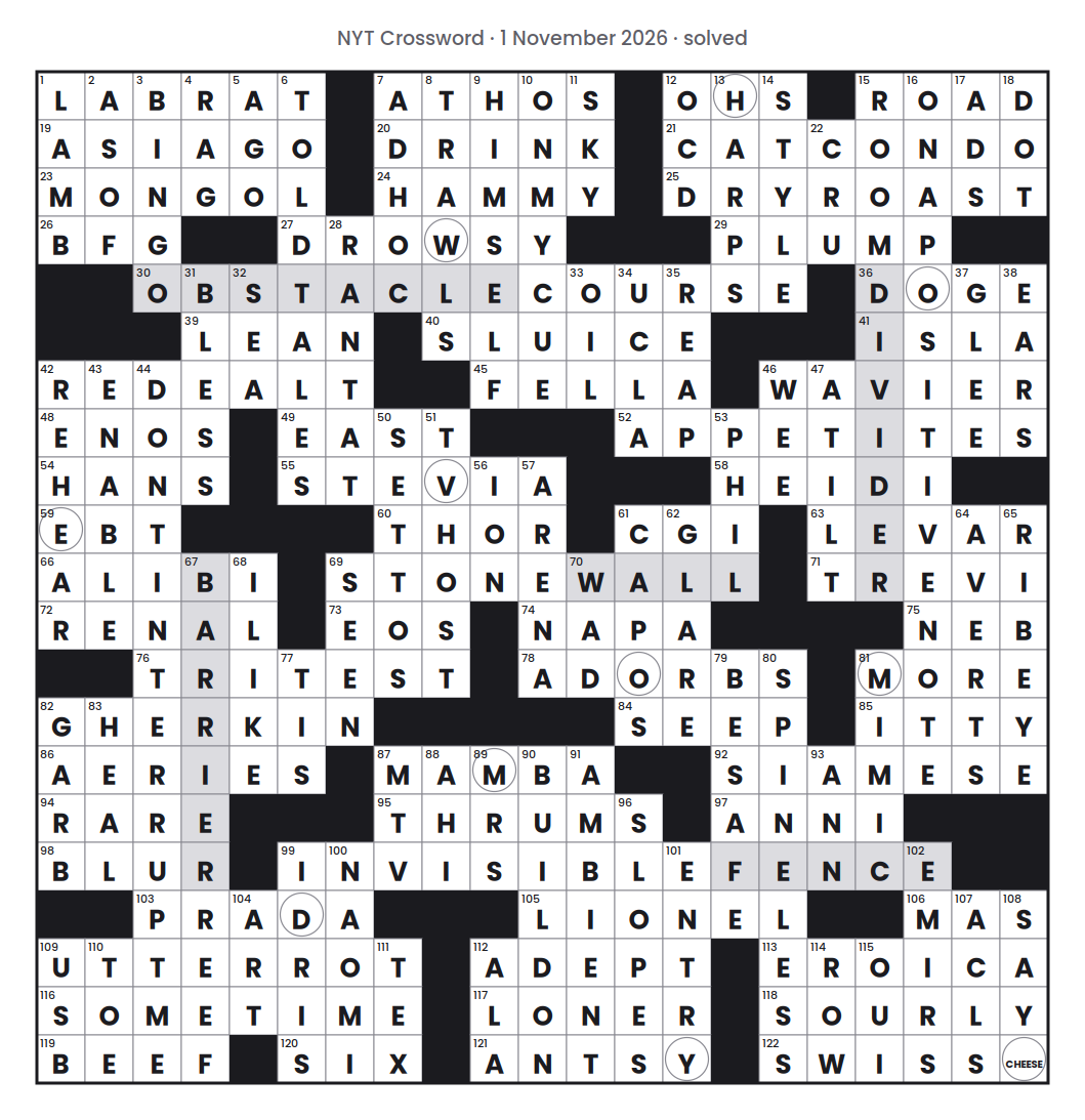 Solved NYT Crossword puzzle grid for 1 November 2026, with every answer filled in.