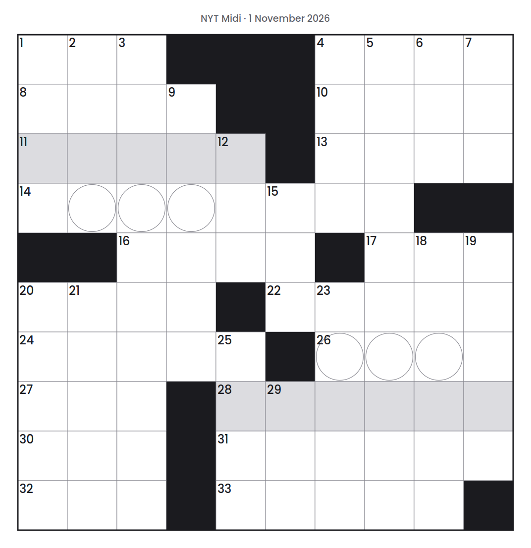Empty NYT Midi puzzle grid for 1 November 2026, 10 squares wide and 10 squares high, with answer numbers in their squares and no letters.