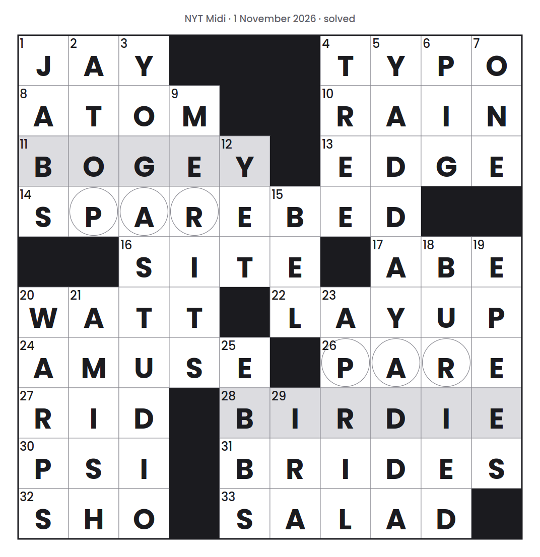 Solved NYT Midi puzzle grid for 1 November 2026, with every answer filled in.