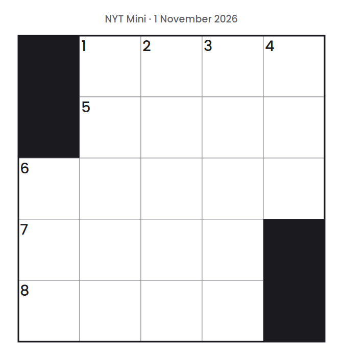 Empty NYT Mini puzzle grid for 1 November 2026, 5 squares wide and 5 squares high, with answer numbers in their squares and no letters.