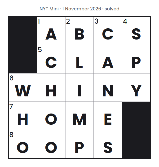 Solved NYT Mini puzzle grid for 1 November 2026, with every answer filled in.