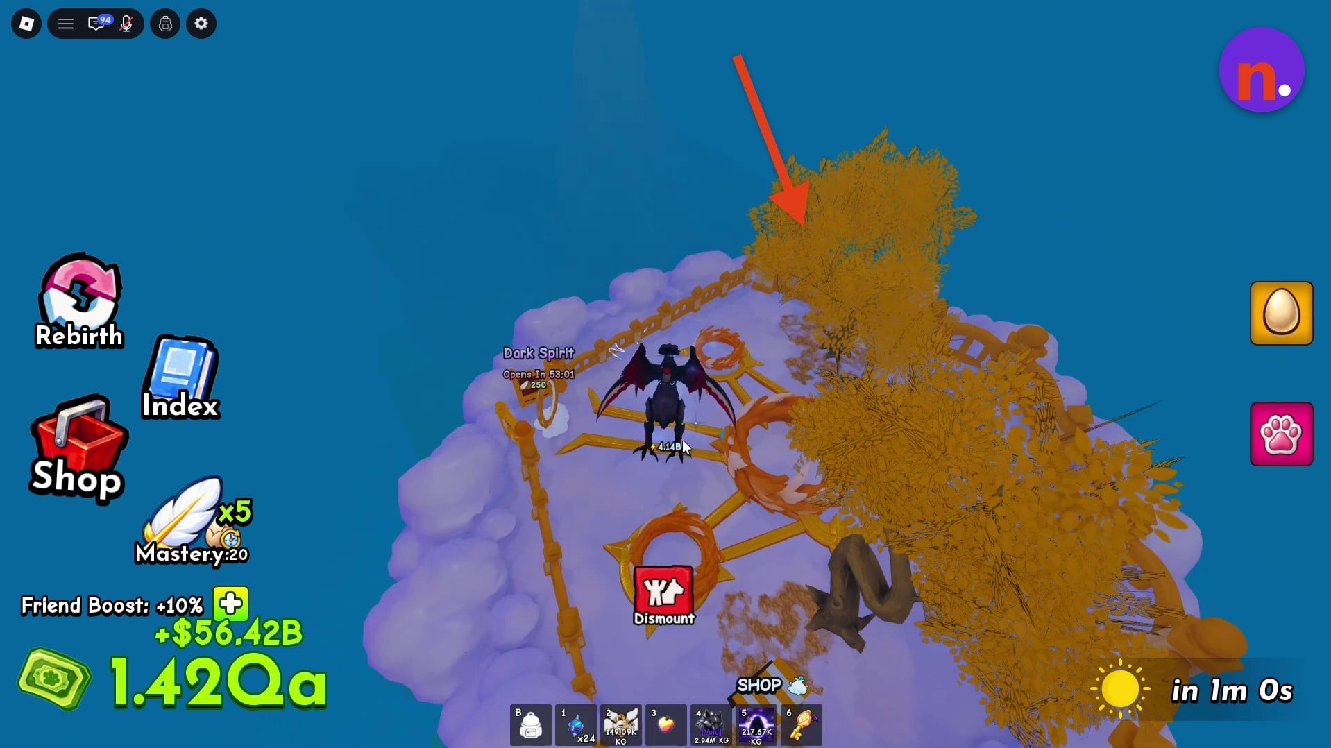 Look for the floating cloud island with golden trees