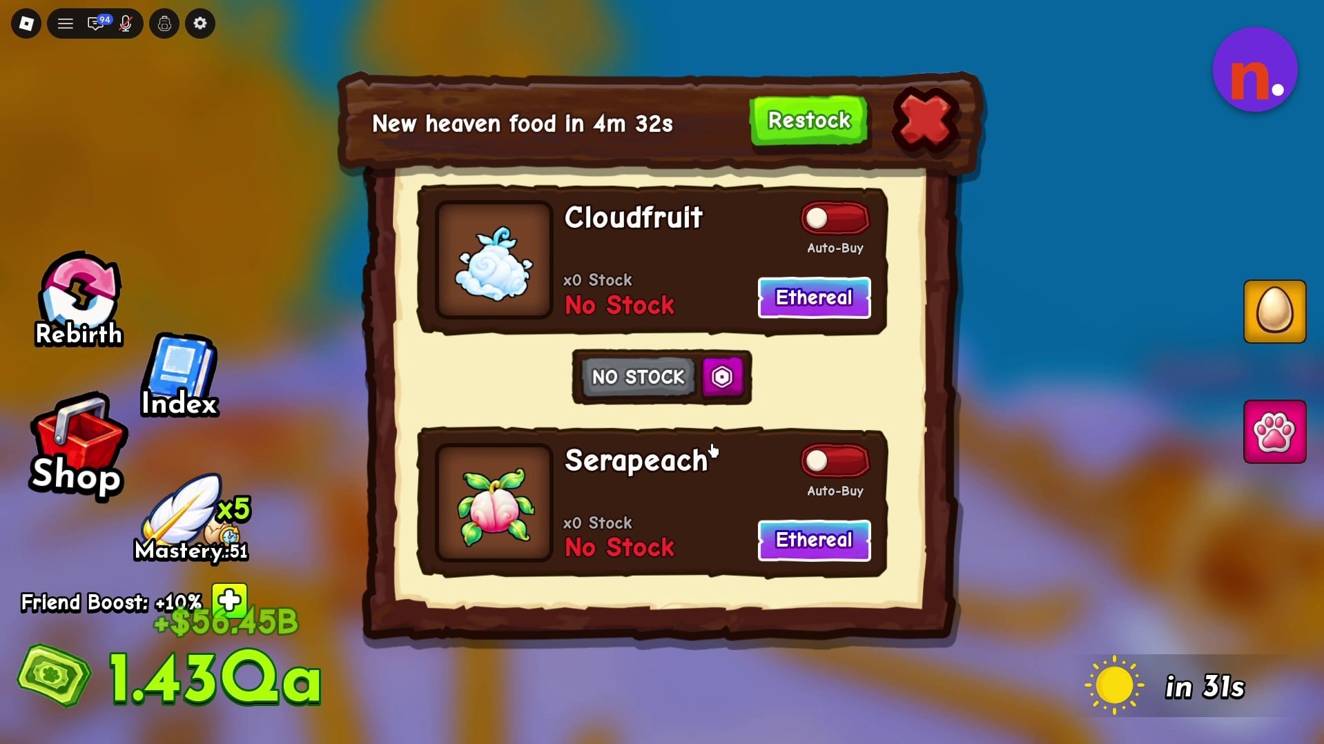 Cloudfruit and Serapeach each have an Auto-Buy toggle
